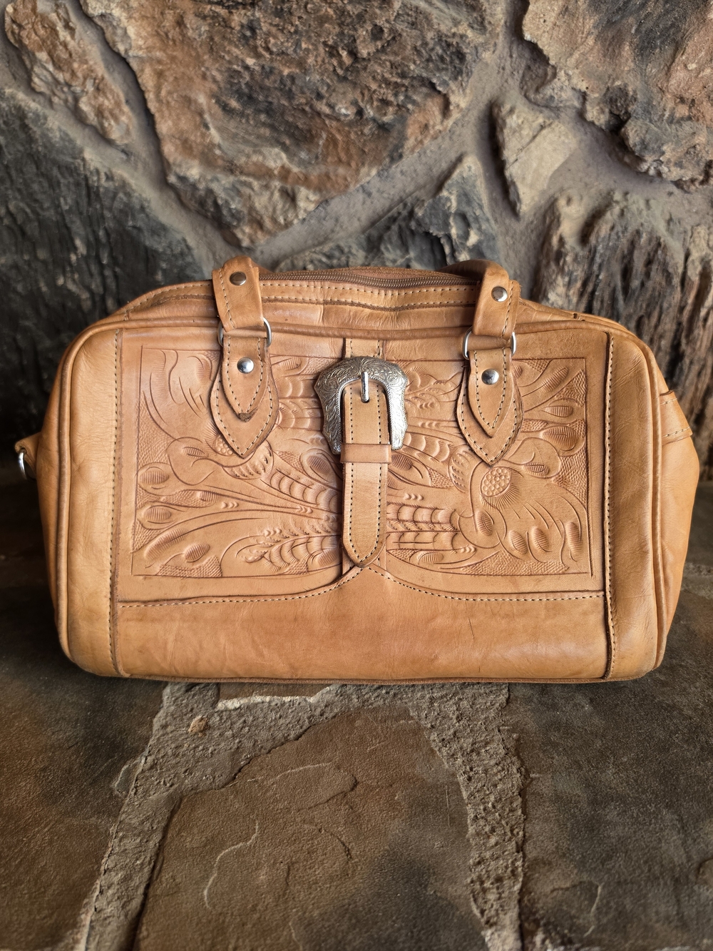Vintage American West Leather Tooled Tan Sachel-- Force Ten West